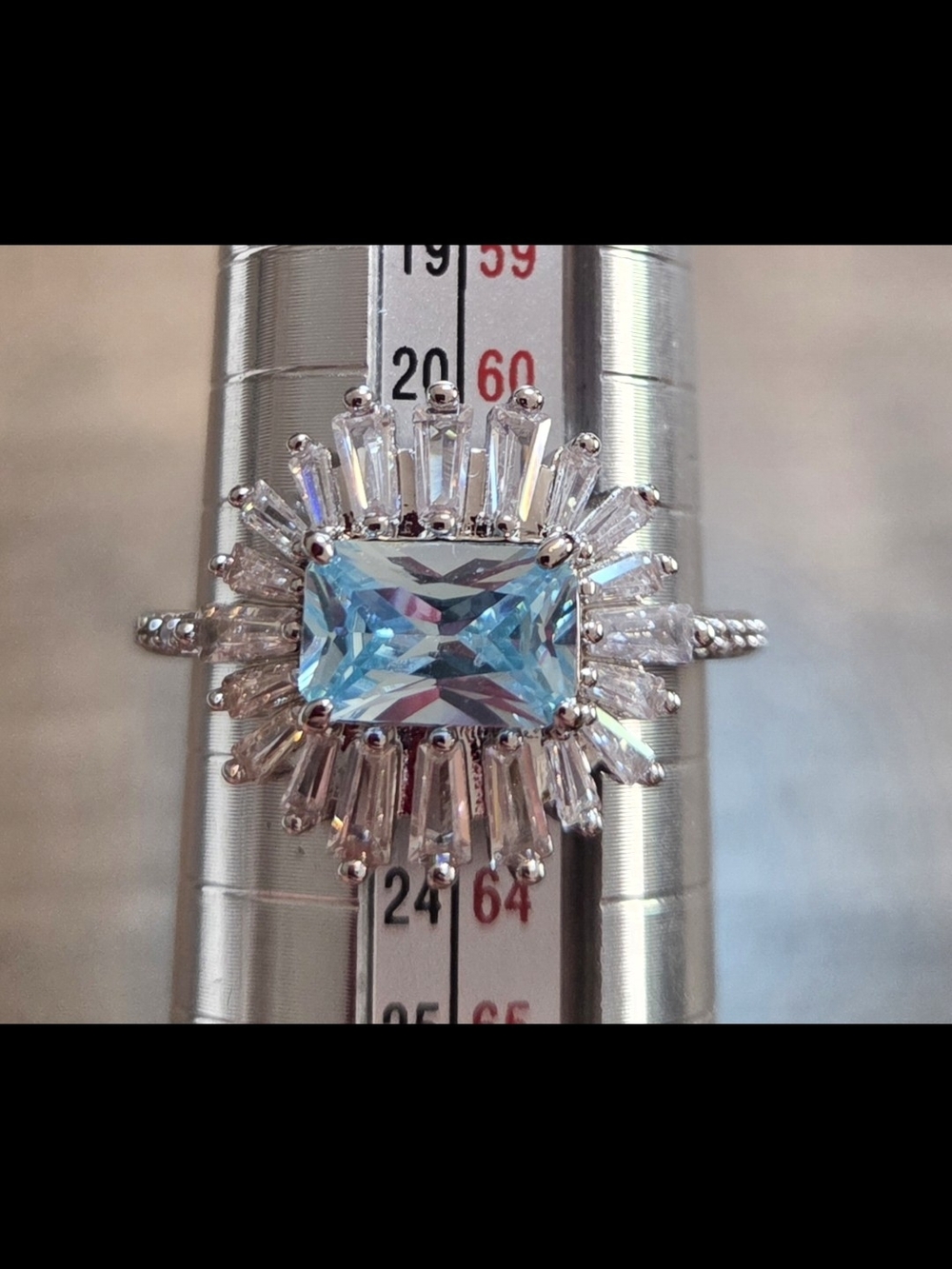 Silver Tone Blue CZ Cocktail Ring with Clear Halo